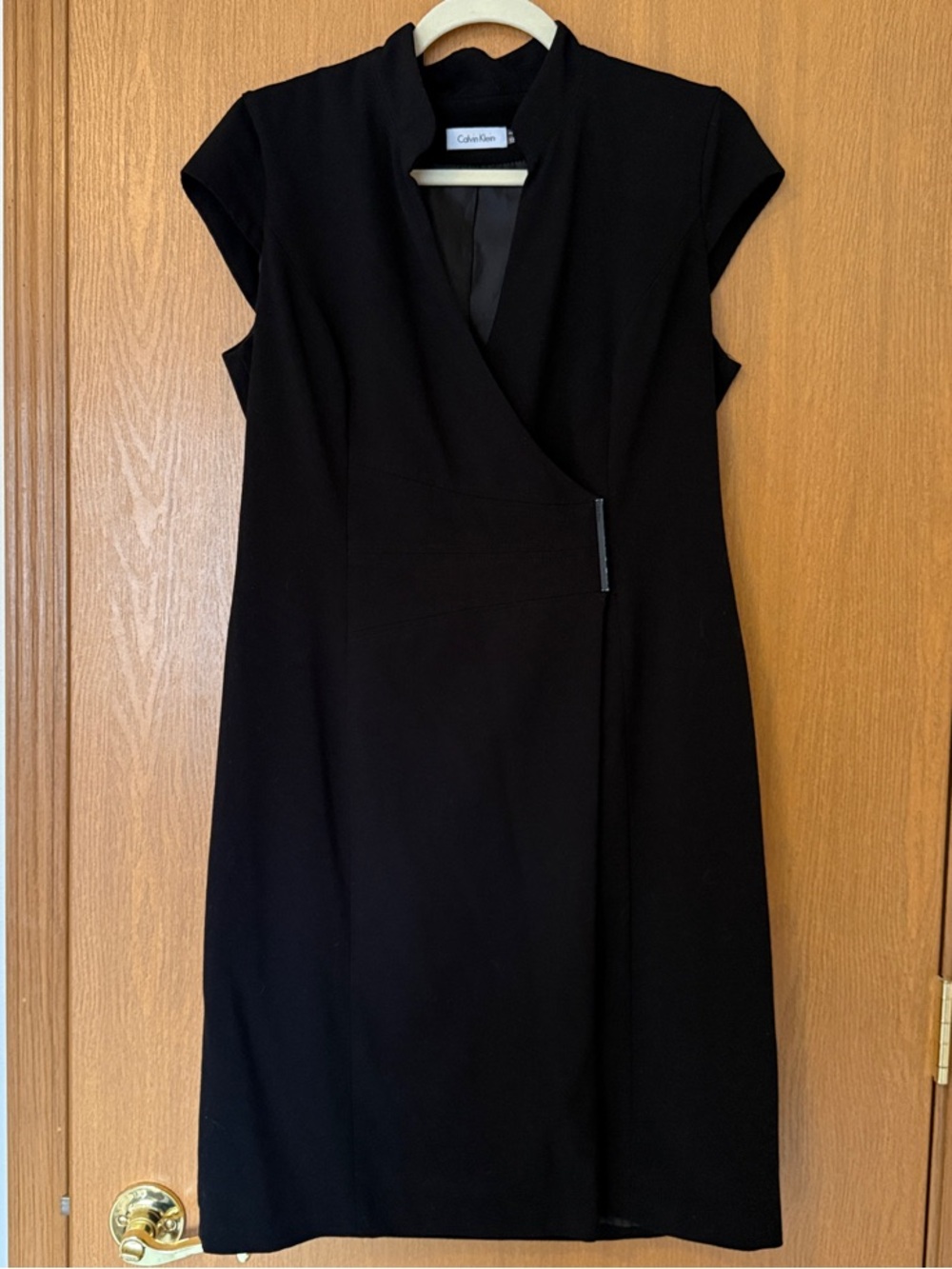 Calvin Klein Black Cap-Sleeve Faux-Wrap Midi Dress